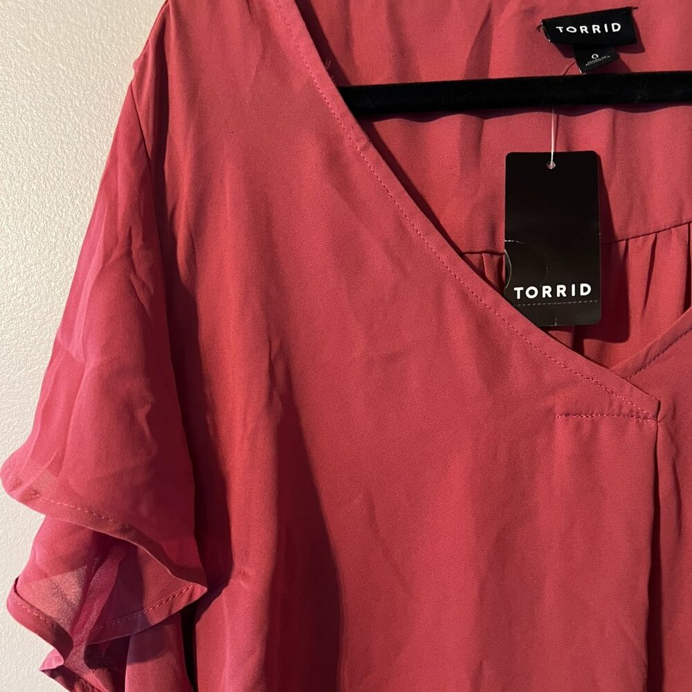 NWT Torrid Harper Georgette Blouse Flutter Sleeve Red Mauve Size 0 (12/L)